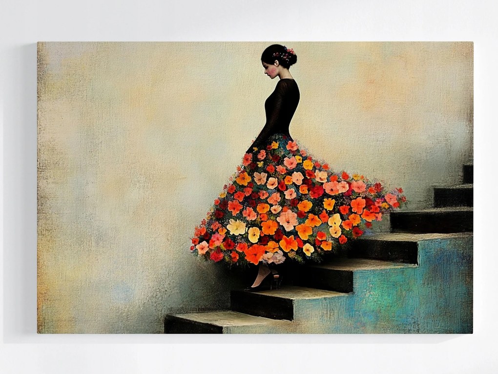 Poszter Nő Virágos Ruhában Lépcső Vintage Art 60x40