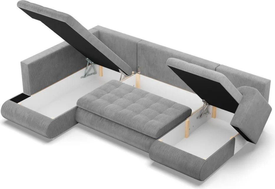 Tokio U sarokkanapé, 3 ágyneműtartóval, kordbársony, baloldali, szürke