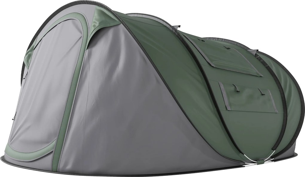 Outsunny 4-5 Fős Pop-Up Kempingtáborozó Sátor Azonnal Felállítható Ablakokkal, Zsebekkel és Vízálló UV-álló Hordtáskával 263.5x220x123 cm Zöld és Szür