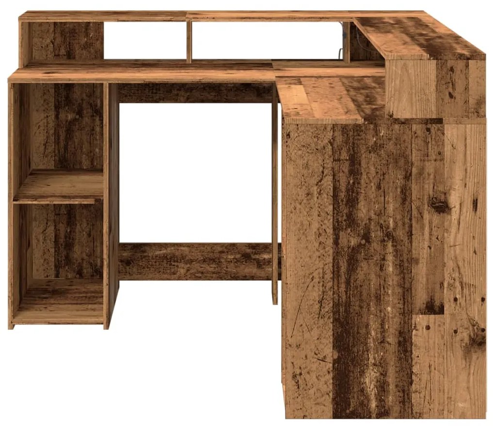 antik fa színű szerelt fa íróasztal LED-ekkel 130 x 130 x 91 cm