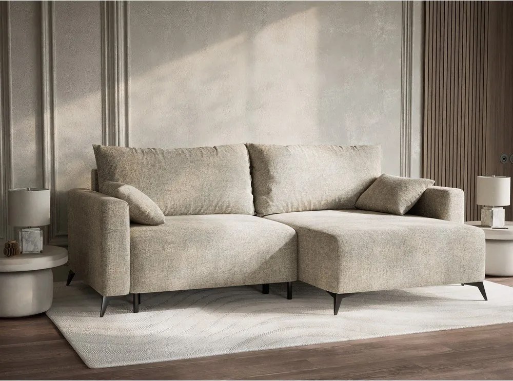 Bézs zsenília kinyitható-tárolóhelyes sarokkanapé (jobb oldali-heverő résszel) Leon – Maison de Rêve