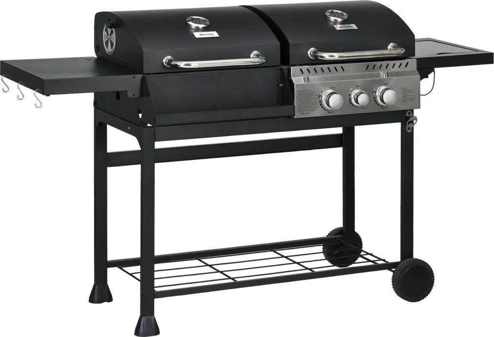 Outsunny Gázgrill, hőmérővel és melegen tartó tányérokkal, fekete és ezüst