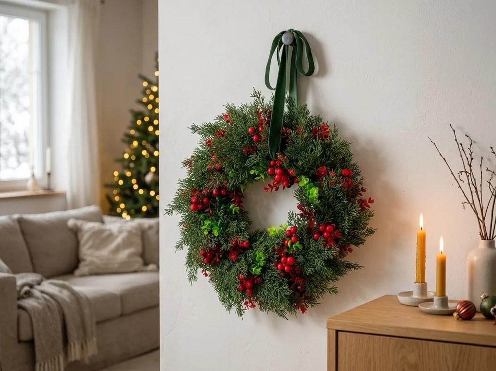 Adventi ajtókoszorú RED BERRIES Ø 35 cm, zöld/piros