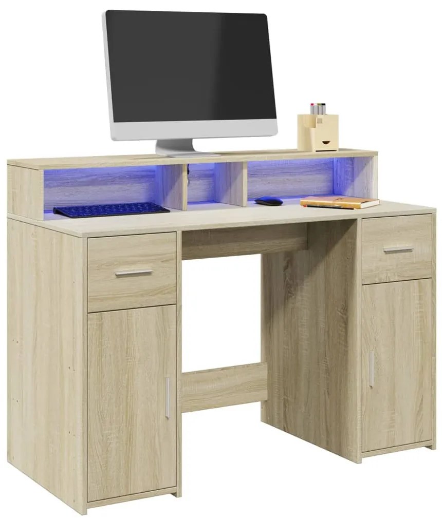 sonoma tölgy színű szerelt fa íróasztal LED-ekkel 120x55x91 cm