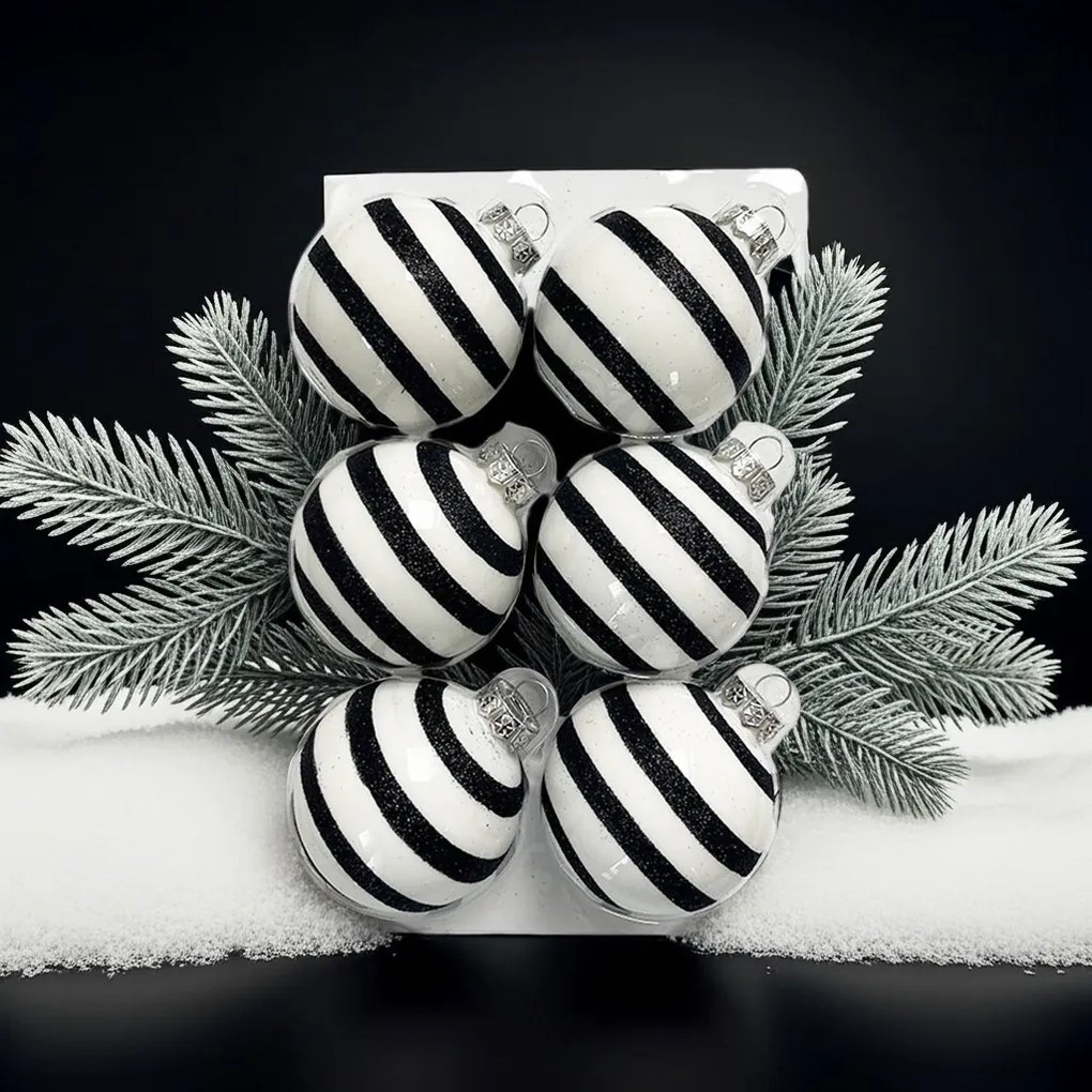 Black Glitter Stripe kézzel festett fehér-fekete üveg karácsonyi gömb szett 6*7cm