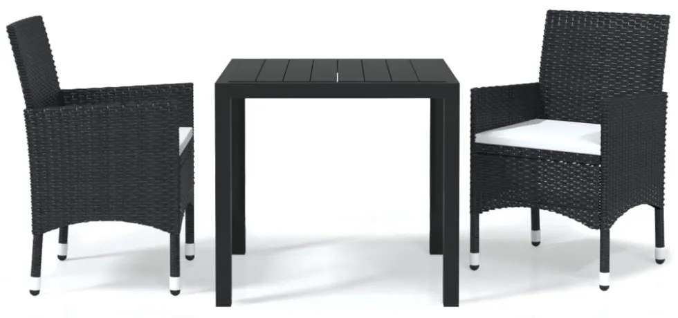 3 részes fekete polyrattan kerti étkezőgarnitúra párnákkal