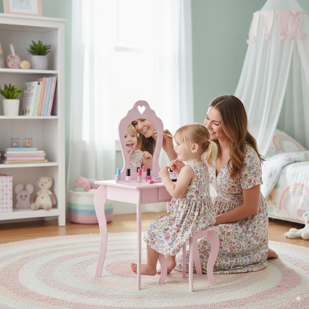 Kis fésülködőasztal tükörrel és ülőkével 65 × 39,5 × 108 cm