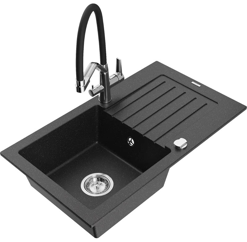 Mexen Pablo egykamrás gránit mosogató csepegtetőtálcával és Duo konyhai csapteleppel, fekete/ezüst metál - 6510-73-671701-07