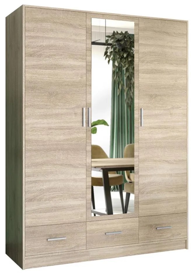 SANNA gardróbszekrény tükörrel, 150x215 cm, sonoma tölgy