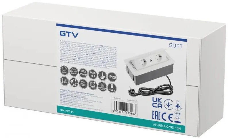 Konnektor, pultba süllyeszthető, fekvő, SOFT, 2x dugalj,2x USB A+C, 1,5 lábellel, fehér