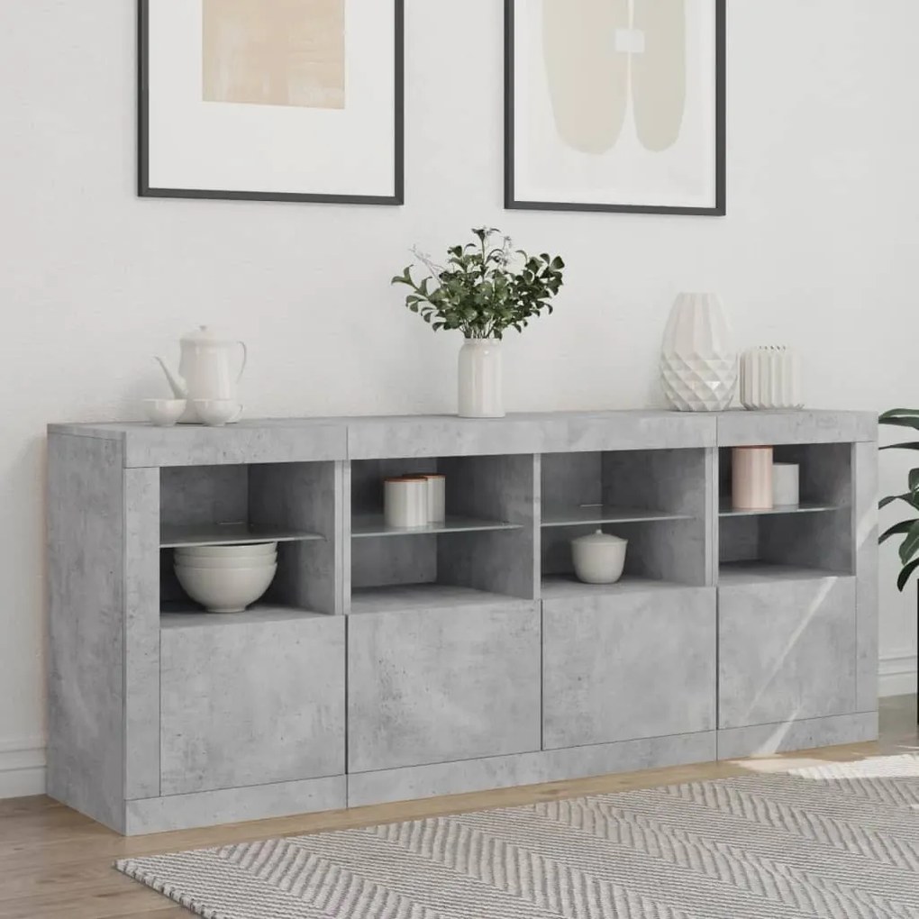 betonszürke tálalószekrény LED-világítással 163 x 37 x 67 cm