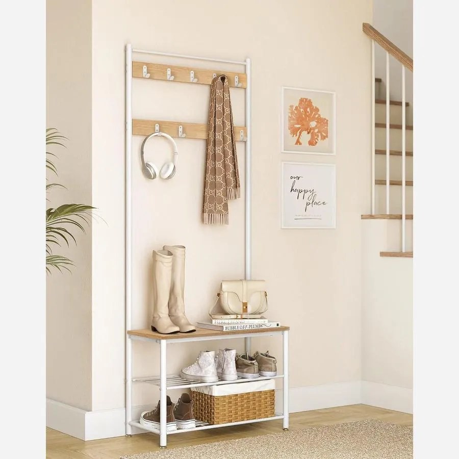 Kabáttartó cipőtároló paddal, tölgy és fehér