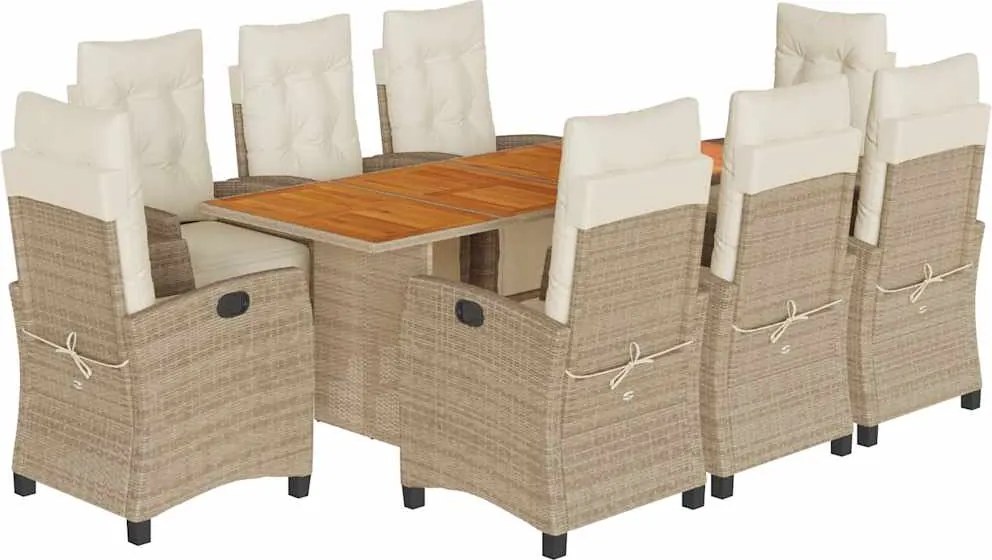 vidaXL 9 részes bézs polyrattan kerti étkezőgarnitúra párnákkal