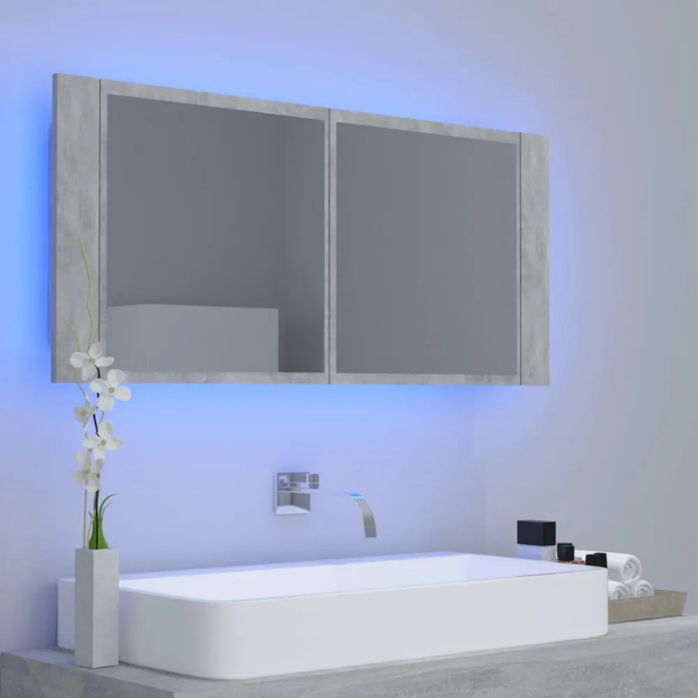 betonszürke akril LED-es tükrös fürdőszobaszekrény 100x12x45 cm