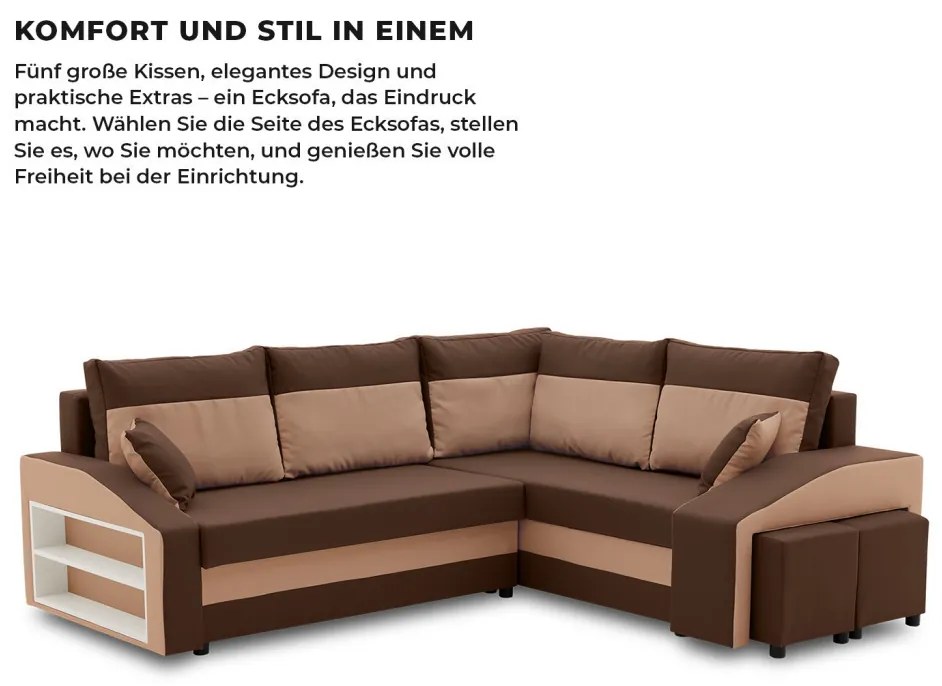 Grande sarokkanapé polcokkal és puffokkal , polc a bal karfaban puffok a jobb karfaban, jobboldali, szövet anyag, bonell töltet, barna