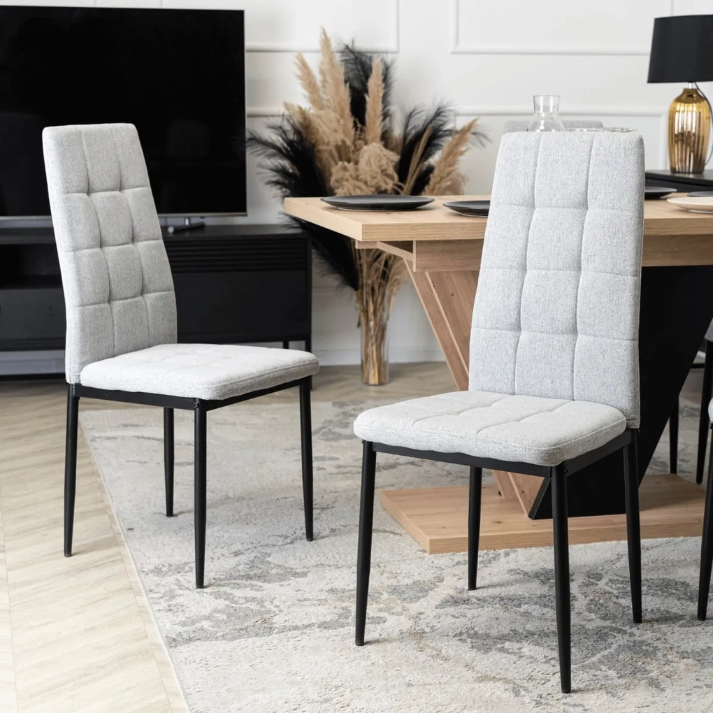 Étkezőgarnitúra: bővíthető asztal 120–160 cm Artisan tölgy / fekete színkombinációban + 6 db szürke szék – CLARK / TEX