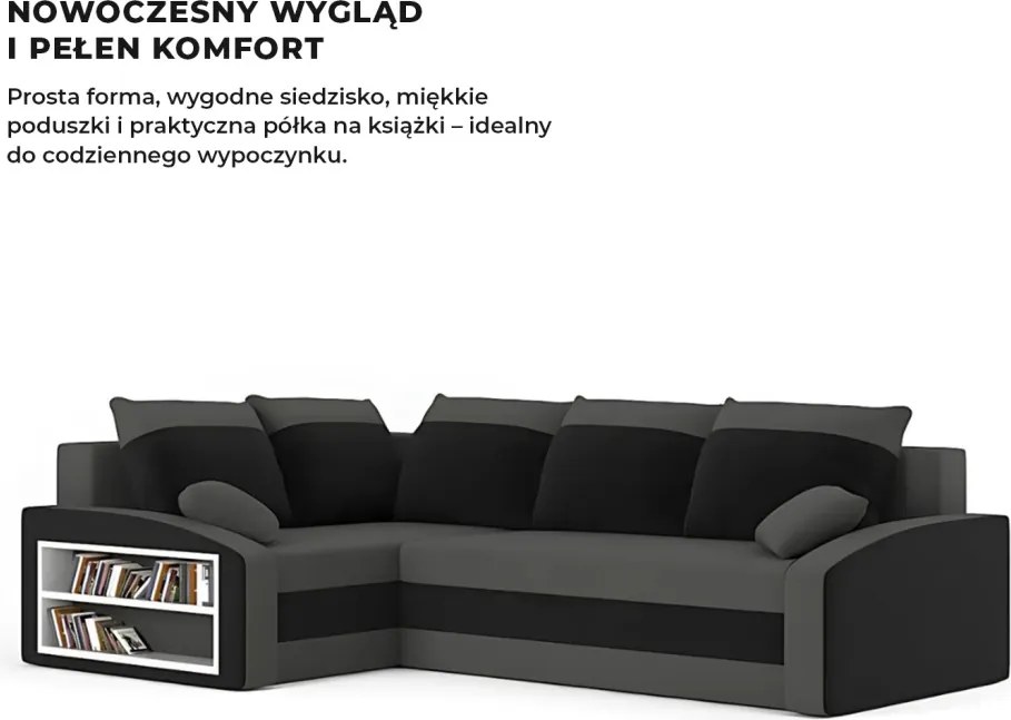 Grande sarokkanapé polcokkal , polc a bal karfaban, baloldali, szövet anyag, hab töltet, szürke - fekete