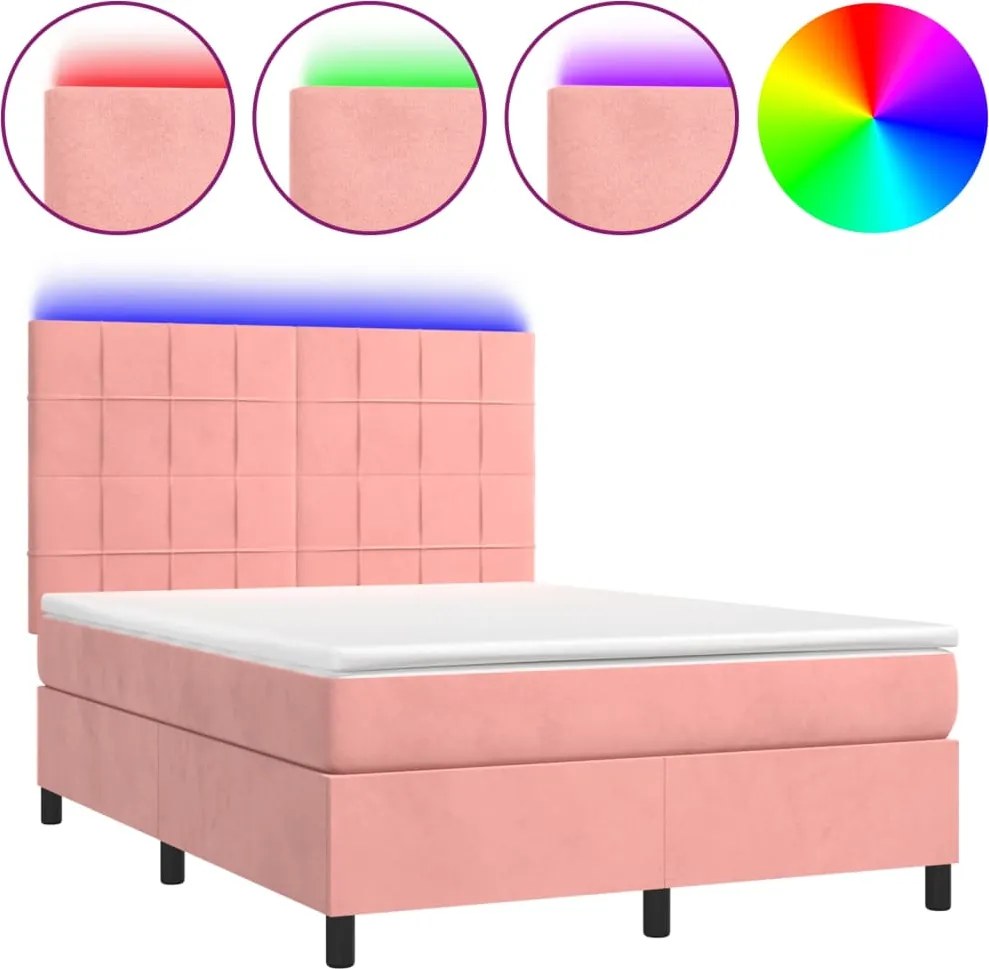 vidaXL rózsaszín bársony rugós és LED-es ágy matraccal 140x190 cm