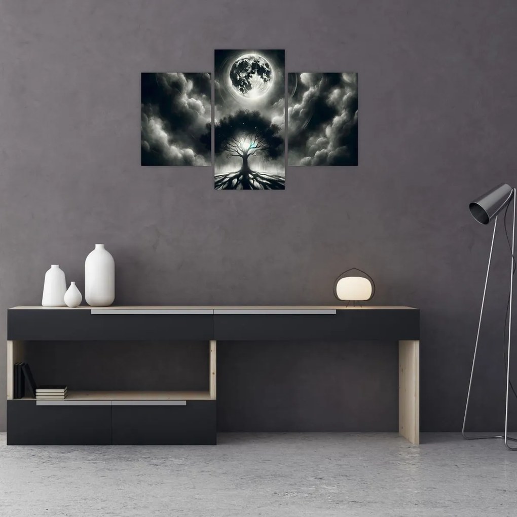 Kép – Fekete-fehér fa teliholdban (90x60 cm)