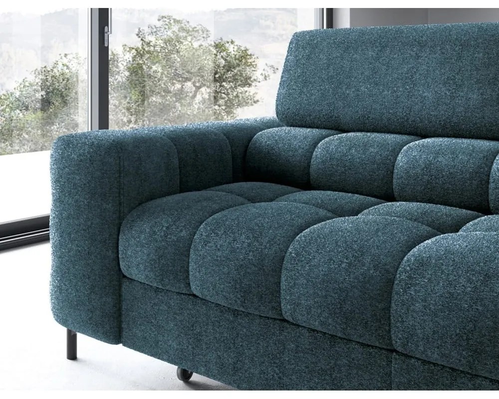 Kék buklé kinyitható-tárolóhelyes sarokkanapé (jobb oldali-L alakú) Ferucce – ELTAP