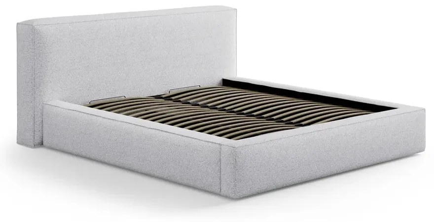 Világosszürke kárpitozott ágyneműtartós franciaágy ágyráccsal 140x200 cm Simon Olivia – Micadoni