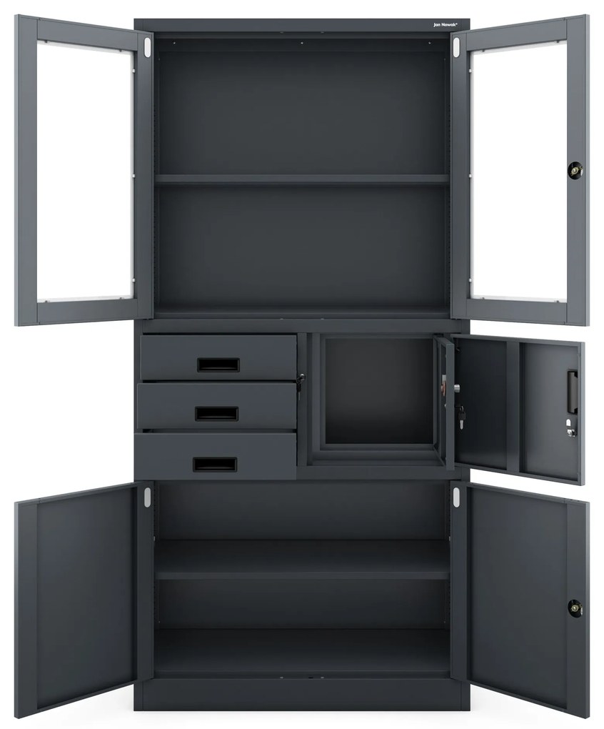 Fém iratszekrény széffel, vitrinnel és fiókokkal FILIP, 900 x 1850 x 400 mm, antracit