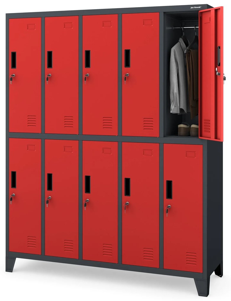 10 rekeszes öltözőszekrény lábakon BARTEK, 1360 x 1720 x 450 mm, antracit-piros