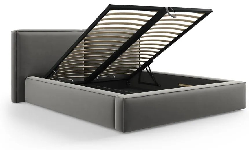 Szürke bársony kárpitozott ágyneműtartós franciaágy ágyráccsal 180x200 cm Arendal – Cosmopolitan Design