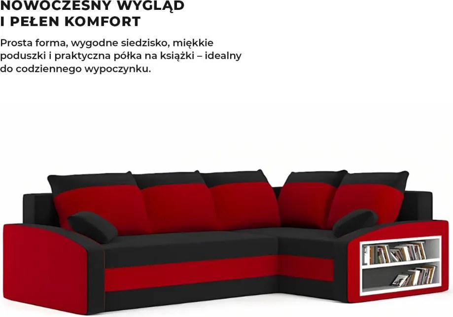 Grande sarokkanapé polcokkal , polc a jobb karfaban, jobboldali, szövet anyag, hab töltet, fekete - piros