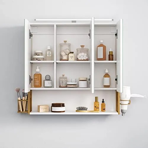 Fürdőszobai tükrös szekrény világítással, fehér-arany, 14,5×70×70 cm