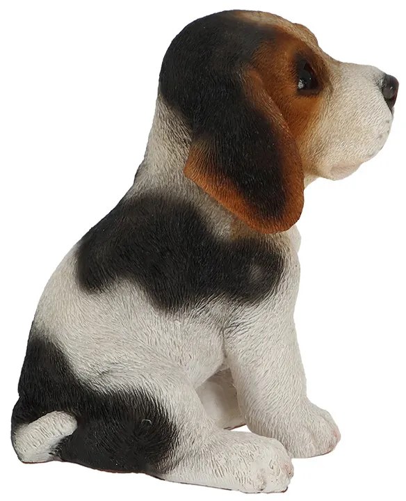 Beagle kiskutya polyresin szobor, fekete foltos, kültéri és beltéri dekorációs kiegészítő