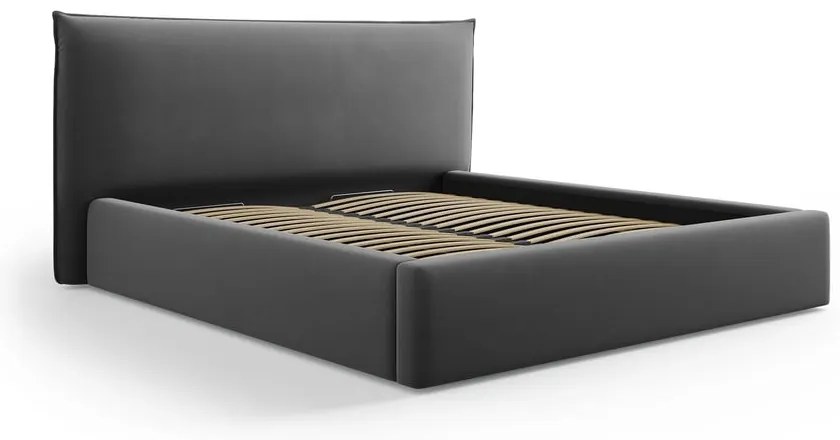 Sötétszürke kárpitozott ágyneműtartós franciaágy ágyráccsal 160x200 cm Elio – Milo Casa