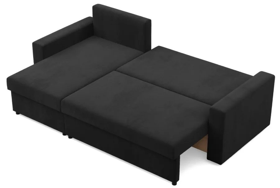 Zeus sarokkanapé, 2 ágyneműtartóval, egyenes kartámasz, szövet anyag, univerzális oldal, bonell töltet, fekete