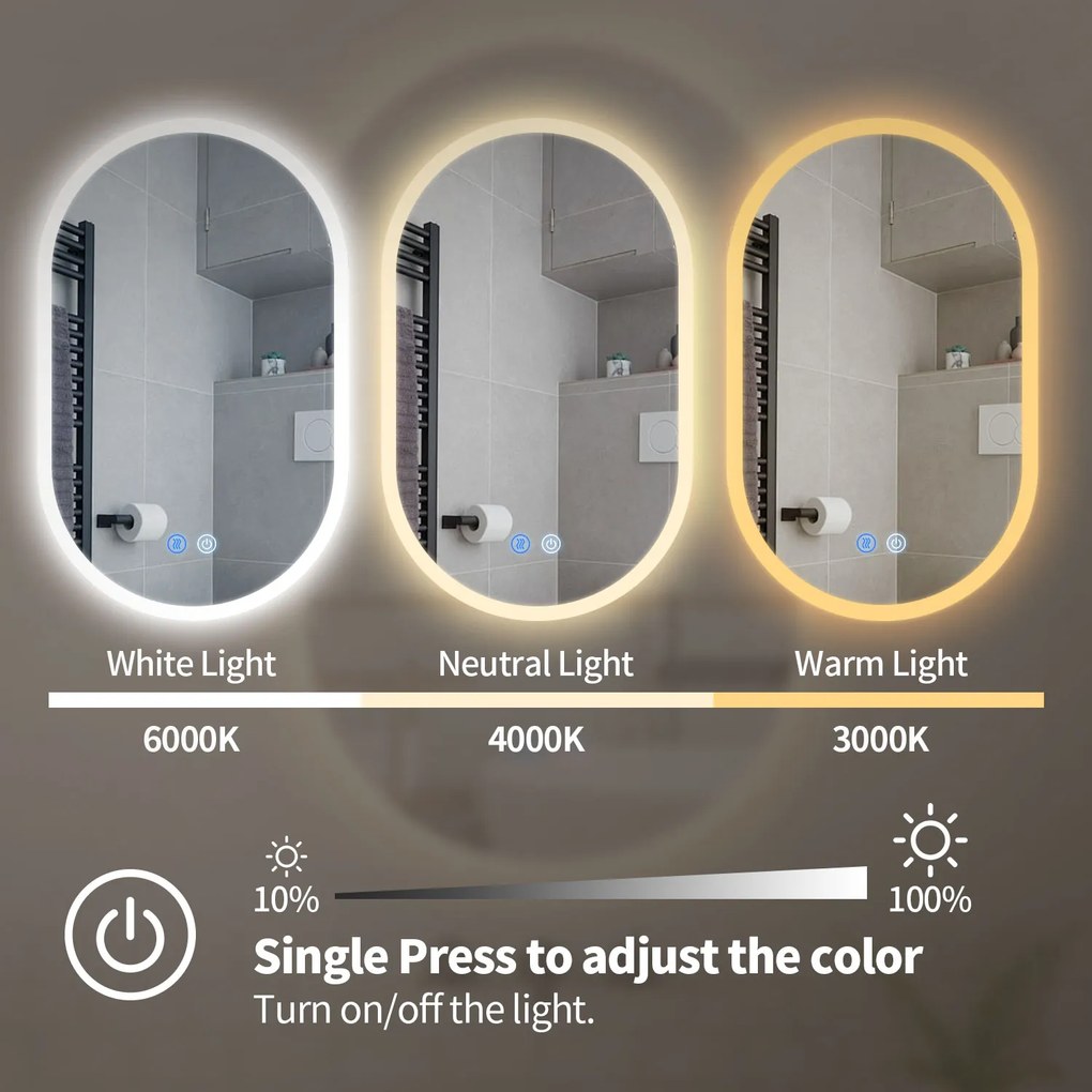 Erga Demi, ovális LED tükör 50x90cm, 3 fényszín, elülső világítás, páramentes fűtőpárna, ERG-V01-DEMI-5090-CL