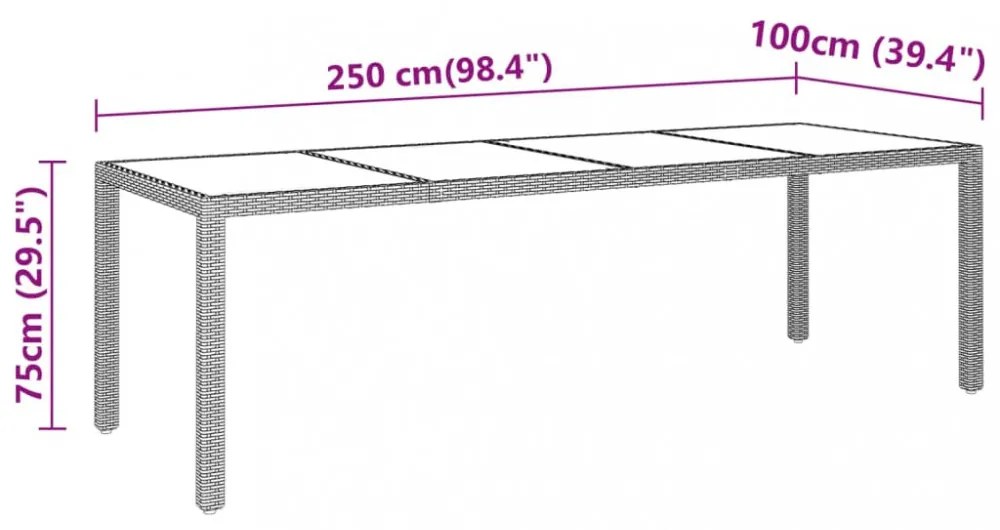 szürke edzett üveg és polyrattan kerti asztal 250 x 100 x 75 cm
