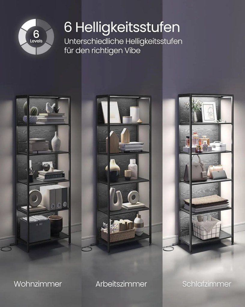 6 szintes könyvespolc, álló polcrendszer állítható LED világítással, 30,3 x 60 x 178,6 cm