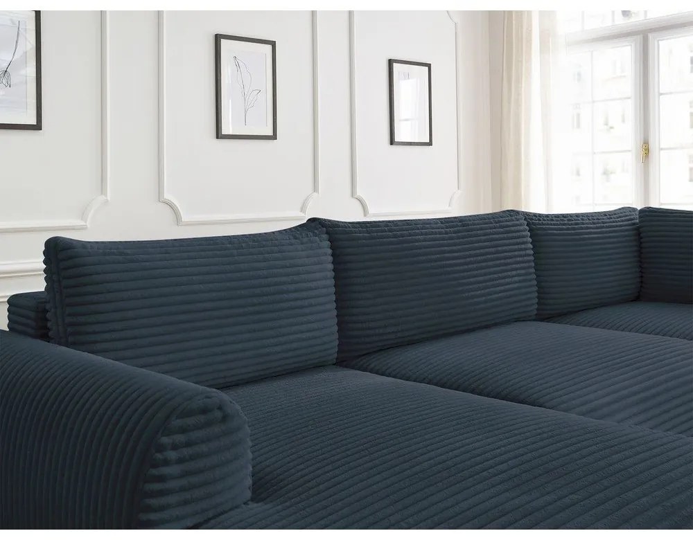 Sötétkék kordbársony kinyitható sarokkanapé (bal oldali-U alakú) Lucien – Bobochic Paris