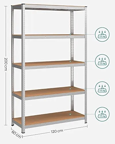 5 szintes polcrendszer, acél polcrendszer tároláshoz, teherbírás 875 kg, 60 x 120 x 200 cm, ezüst
