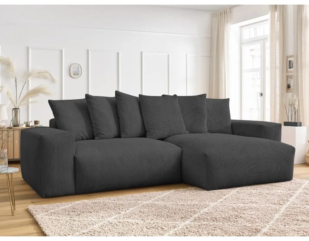 Sötétszürke kordbársony kinyitható-tárolóhelyes sarokkanapé Voltaire – Bobochic Paris
