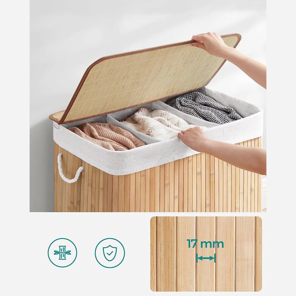 Bambusz szennyeskosár 3 rekesszel, fedéllel és fogantyúkkal, 150 literes