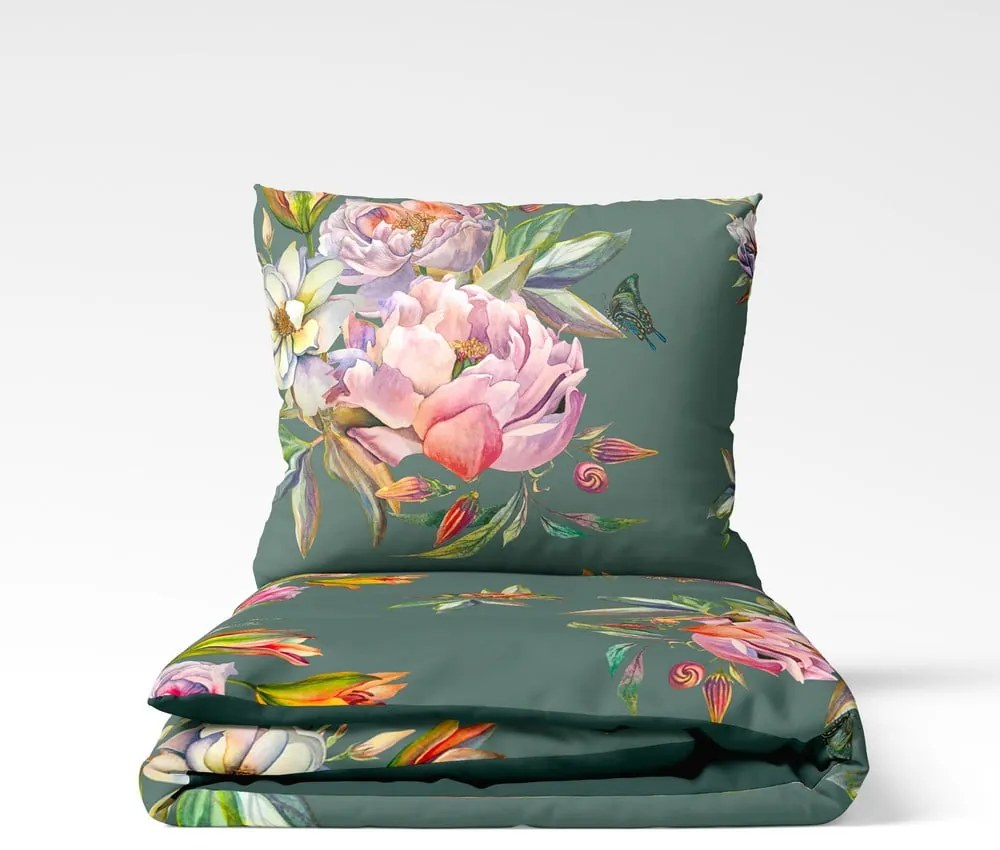 Floret sötétzöld kétszemélyes pamutszatén ágyneműhuzat, 200 x 220 cm - Bonami Selection