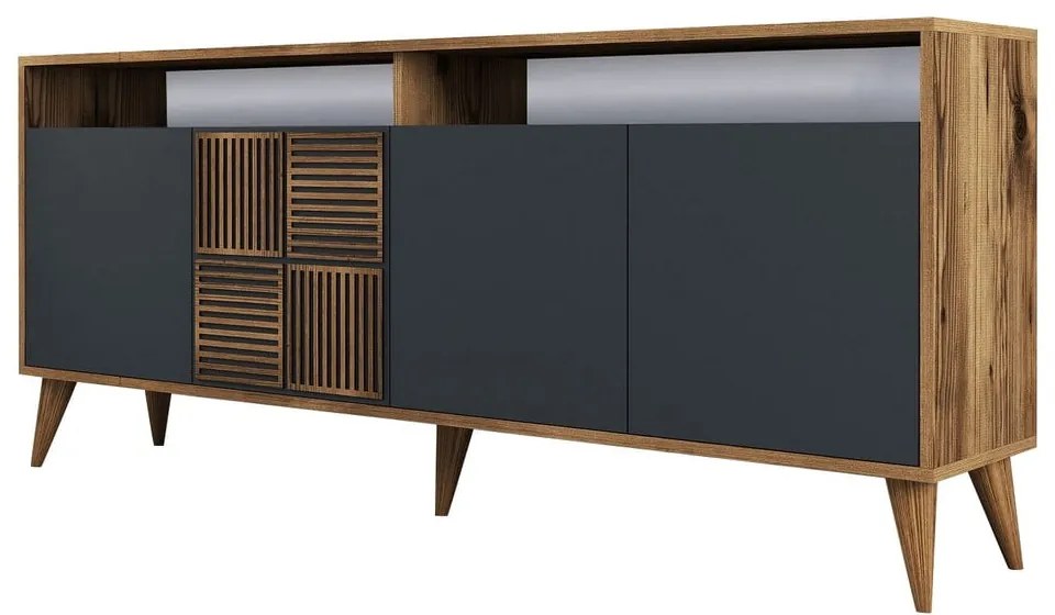 Antracitszürke-natúr színű alacsony komód diófa dekorral 180x79 cm Milan – Kalune Design