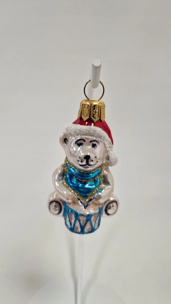Karácsonyfadísz üvegből maci dobbal kék