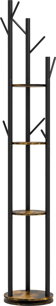 HOMCOM Forgó, Független Kabátállvány 8 Horggal és 4 Polccal, Ipari Stílusú Kabátállvány Előszobába és Hálószobába, Ø30x175cm, Rusztikus Barna | Aosom