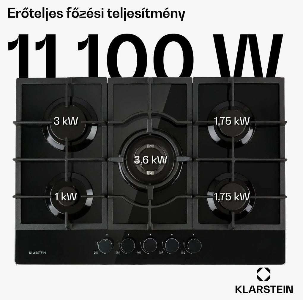 Klarstein Ignito 5, gázfőzőlap, 5 Sabaf égő, üvegkerámia, fekete