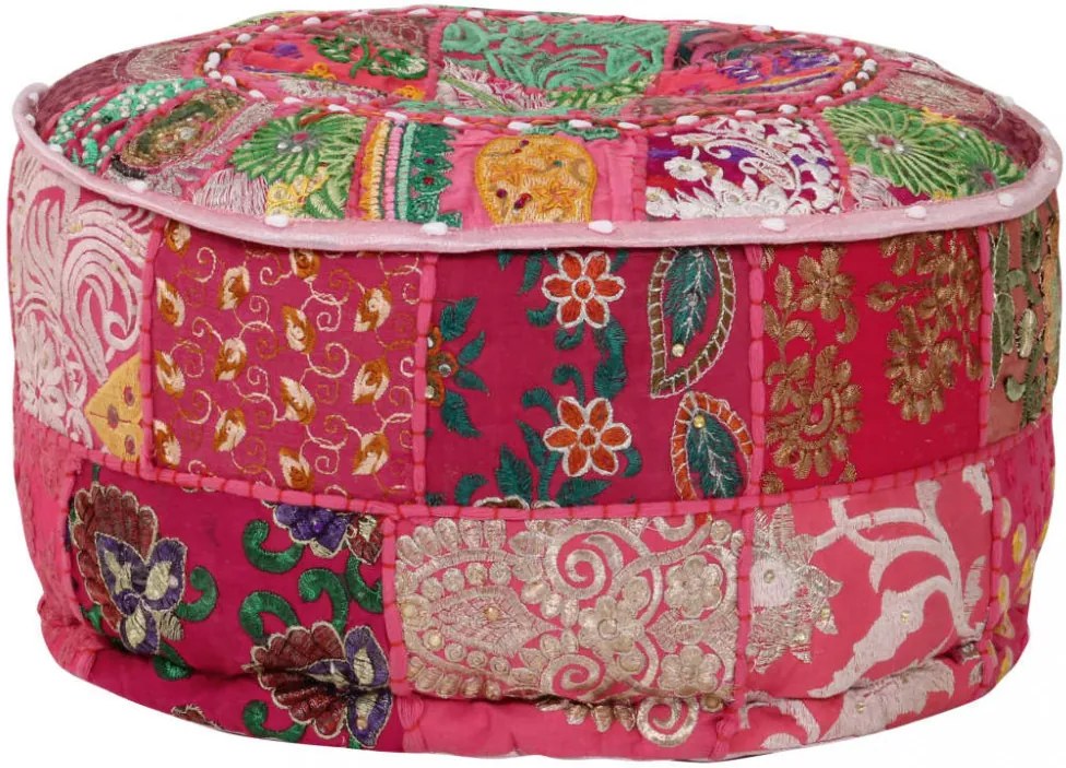 kézzel készült kerek rózsaszín pamut patchwork puff 40 x 20 cm