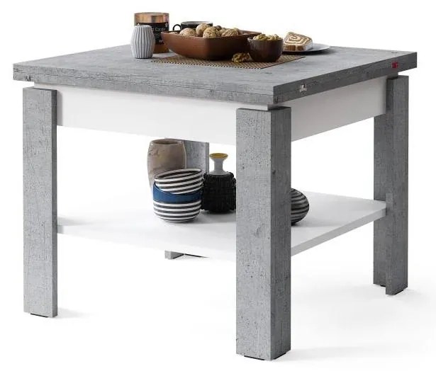 LIA szürke beton/fehér kihúzható konferencia/étkezőasztal polccal