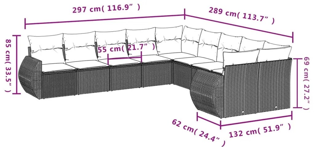 10 részes barna polyrattan kerti ülőgarnitúra párnákkal