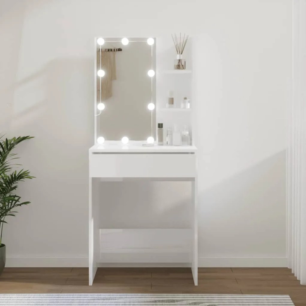 Magasfényű fehér fésülködőasztal LED-del 60 x 40 x 140 cm