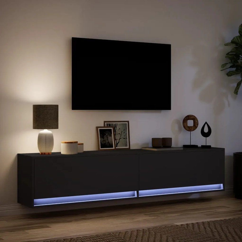 fekete falra szerelhető TV-szekrény LED-del 180 x 31 x 38 cm